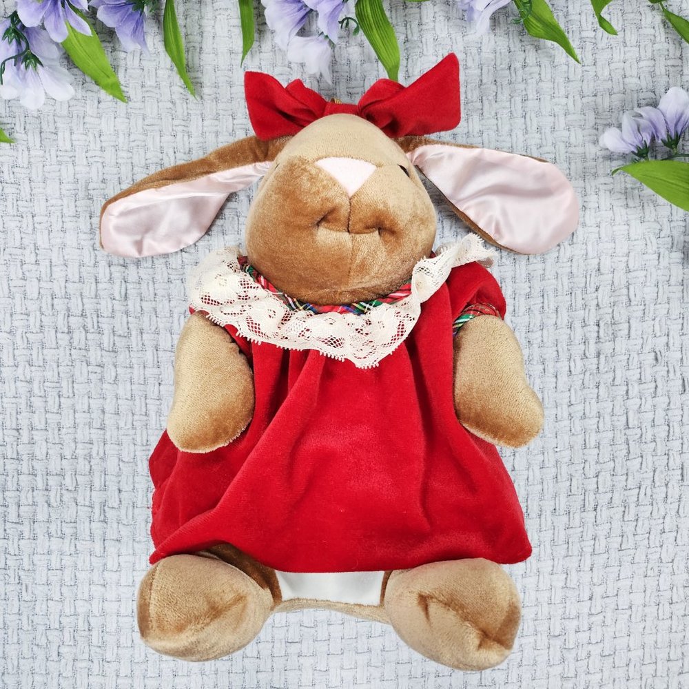 Vintage 1985 Velveteen Rabbit Plush Bunny Toys R Us Red Velvet Dress Easter - Picture 2 of 5
